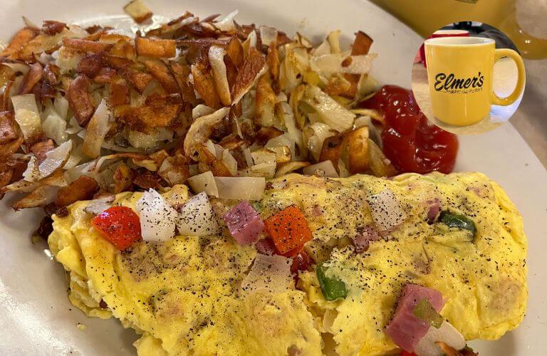 wheat-free omelet with ham and hashbrowns from elmer's breakfast lunch and dinner restaurant Palm Springs