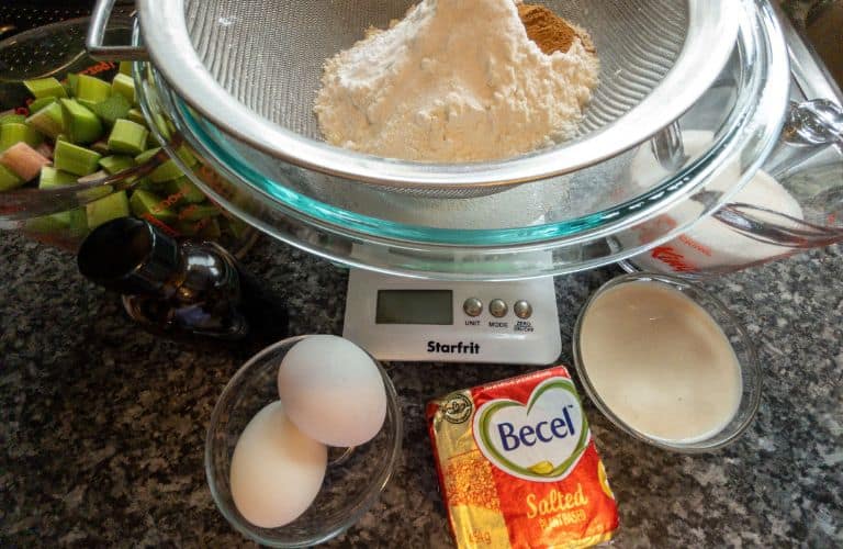 gluten-free sourdough cupcakes ingredients: becel plant based margarine, eggs, rhubarb, sugar, and flour