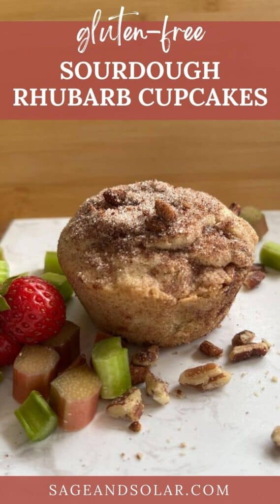 pinterest image for gluten-free sourdough rhubarb cupcakes