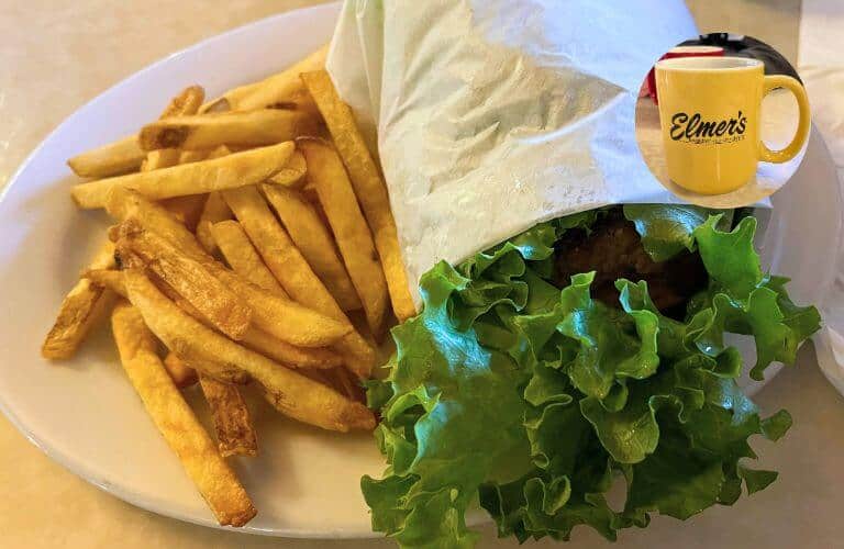 celiac-friendly burger and fries on lettuce wrap from elmers restaurant Palm Springs