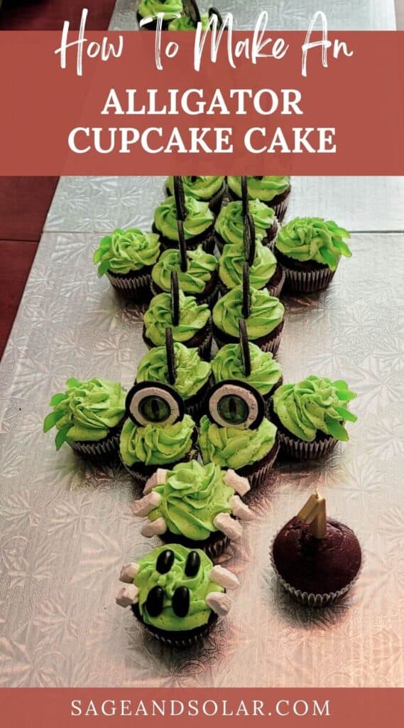 A delicious alligator cupcake cake featuring green icing and chocolate cookie scales 