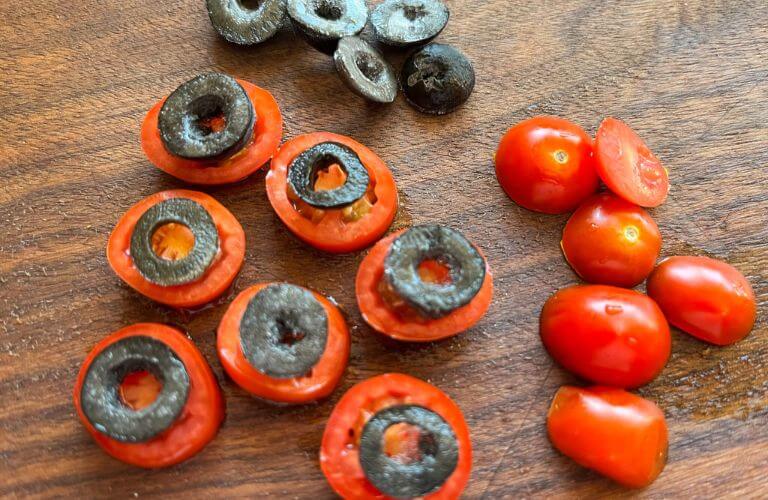 tomatoes and black olive bloody eyes for Halloween