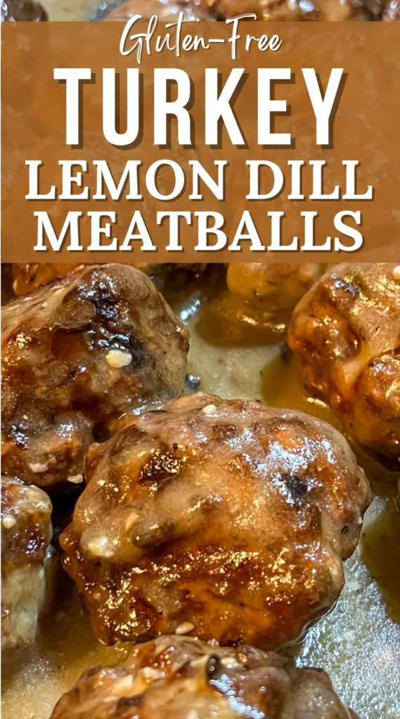 A tempting picture of gluten-free turkey meatballs, cooked to crispy perfection and seasoned with a delightful blend of lemon and dill.