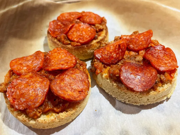 pepperoni and meat sauce on English muffins suitable for those with gluten intolerance