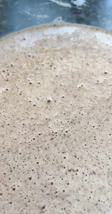 Close-up of the bubbles in the gluten-free sourdough discard pancake batter