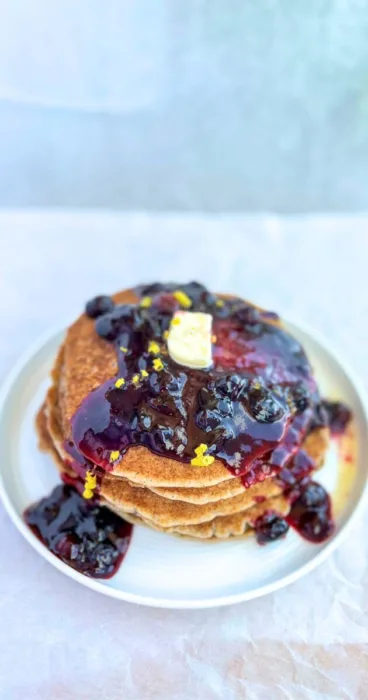 Wake up to a stack of fluffy lemon-blueberry sourdough discard pancakes. Gluten-free goodness awaits!