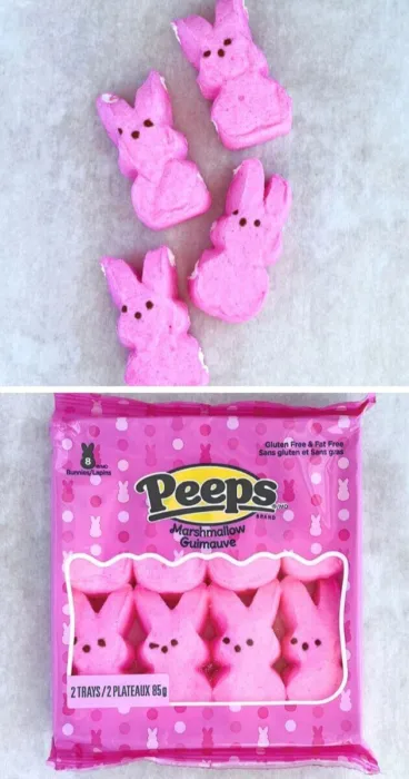 Peeps marshmallow candies arranged for a gluten-free baking experiment, with the added twist of microwaving for a delightful twist.