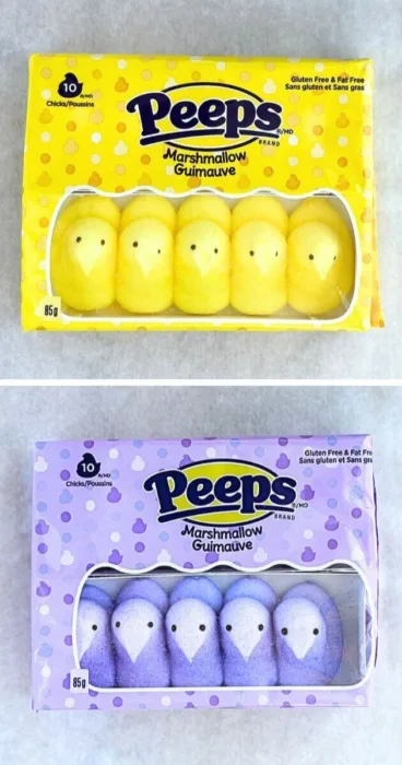 A picture of Peeps marshmallow candies, highlighting the process of microwaving as a unique approach to gluten-free baking.
