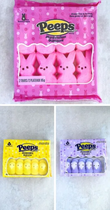 An eye-catching collage displaying Peeps marshmallow candies as the key ingredient for a gluten-free baking experiment, with the added excitement of microwaving for a scrumptious outcome.




