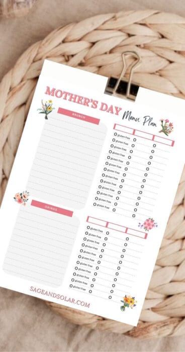 Create a personalized Mother's Day menu with this printable planner, including gluten-free choices