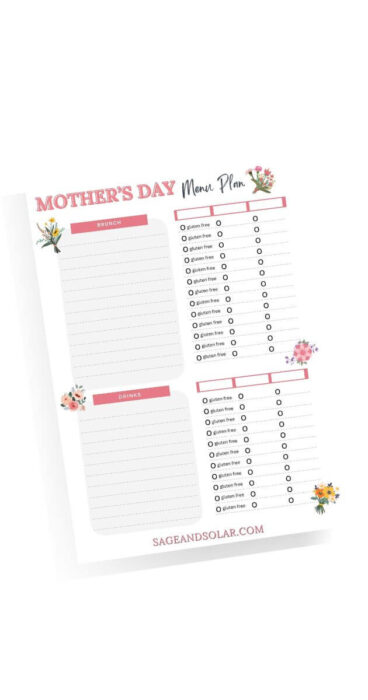 Elegant gluten-free Mother's Day menu layout, perfect for planning a special meal