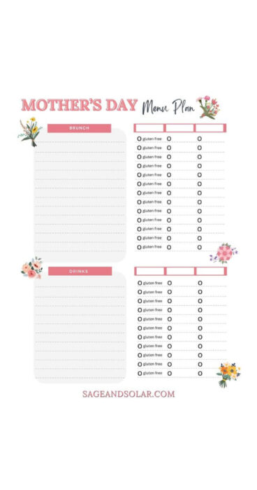 Colorful printable Mother's Day menu planner featuring gluten-free options: brunch and dinner