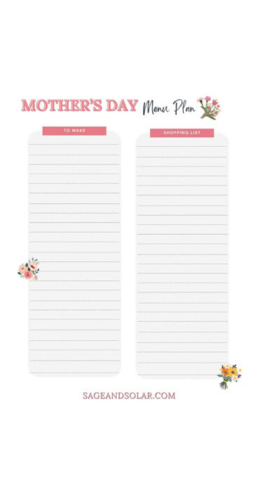 Printable Mother's Day gluten-free menu planner featuring a shopping list