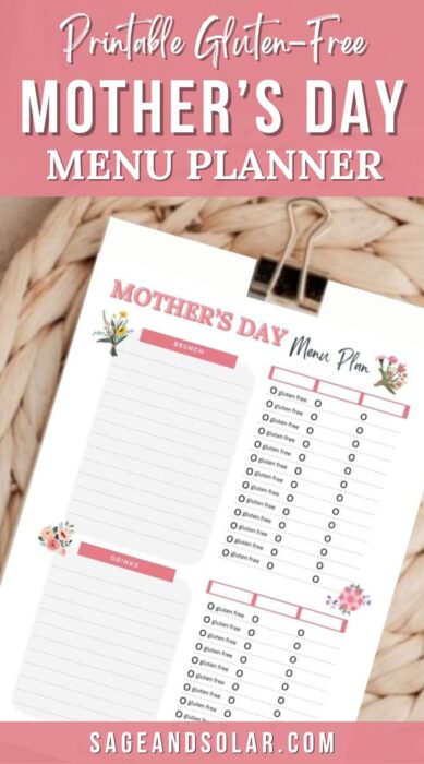 A close-up of a blank printable gluten-free Mother's Day menu planner 