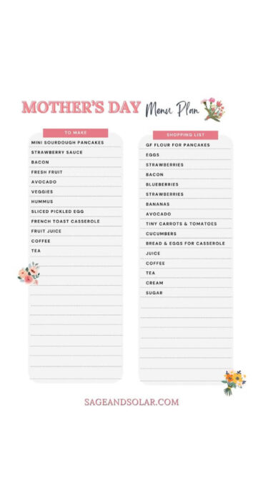 Chic and practical Mother's Day menu organizer and shopping list with emphasis on gluten-free dining