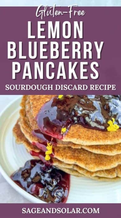 lemon-blueberry sourdough discard pancakes covered in blueberry sauce