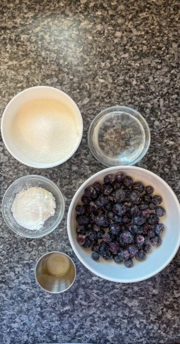 Top view of ingredients for a gluten-free, dairy-free blueberry sauce.