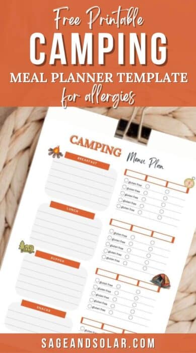 A colorful printable camping meal planner template with sections for each meal, labeled with allergen-friendly options. 