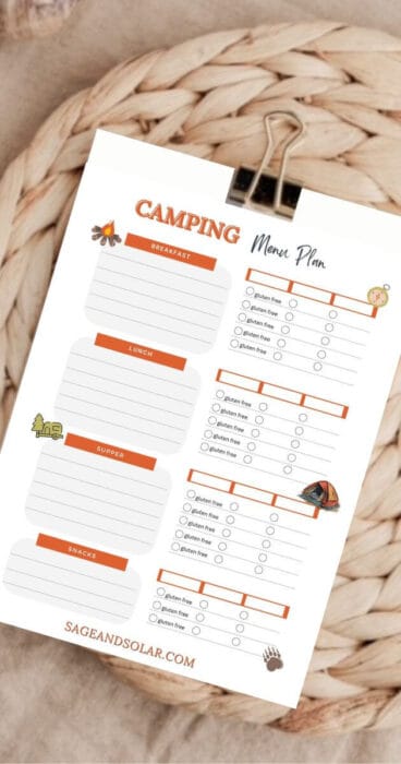 A functional camping meal planner template with an easy-to-read layout, perfect for tracking meals and allergens for a camping trip. 