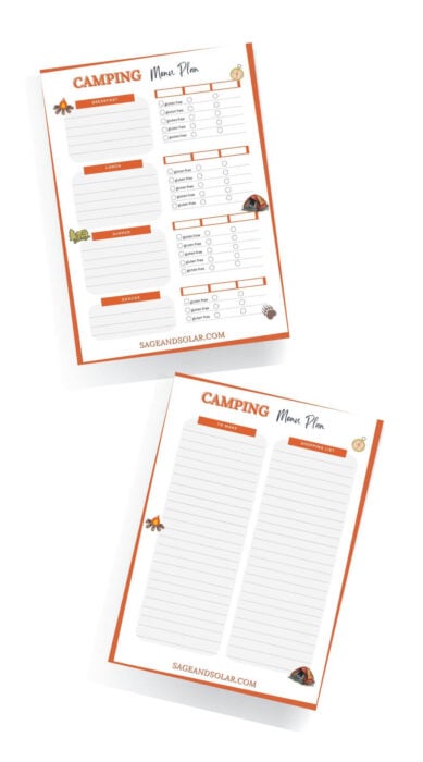 A visually appealing meal planner template for campers, complete with sections to list meals and any potential allergens. Designed to be easy to use and read.