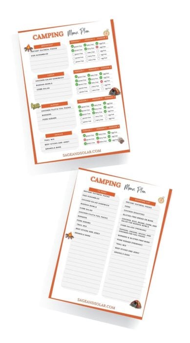 A free printable template for planning camping meals with allergy considerations. Contains a structured format for daily meals and a clear space for listing allergens.