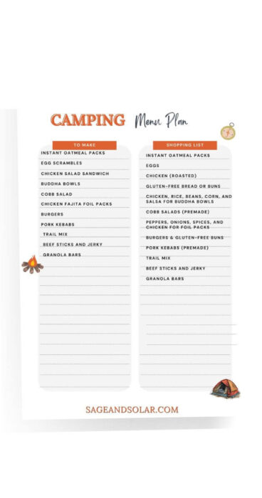 An easy-to-use camping meal planner template, with fields for shopping lists and ingredients and a special focus on tracking allergens, designed for a seamless camping experience.
