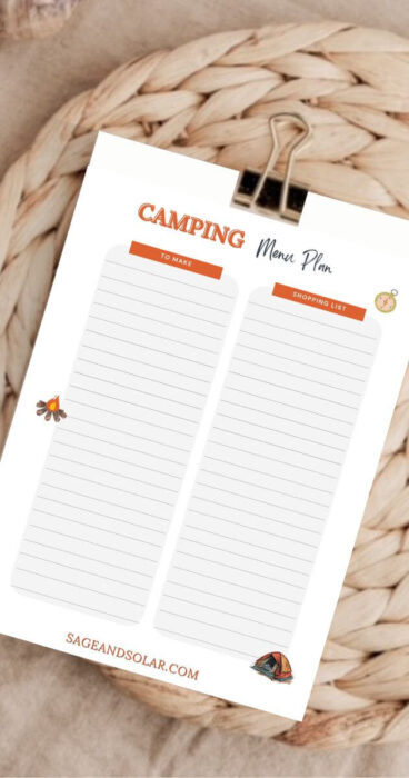 A camping meal planner template designed for families, with a focus on allergy-friendly meal planning and preparation tips.