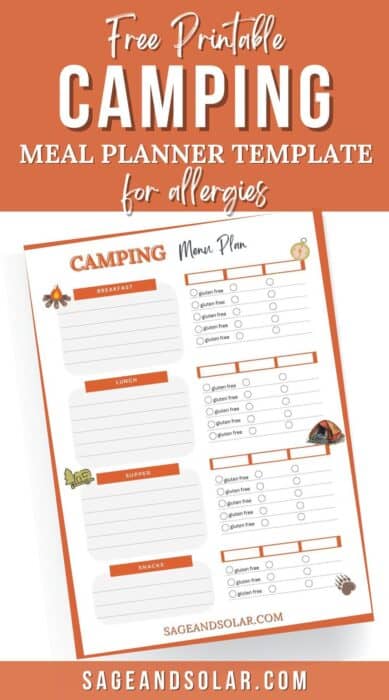 A detailed camping meal planner template for people with allergies. Includes sections for breakfast, lunch, dinner, and snacks, with space to note allergens.