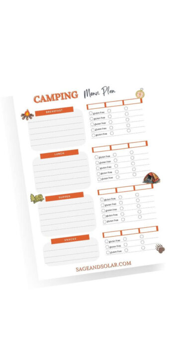 A practical and free printable camping meal planner. Includes ample space for planning meals and identifying allergens, set against a backdrop of camping icons.