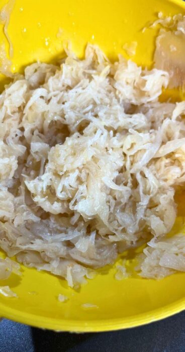 Close up view of sauerkraut. One of the ingredients of the grilled gluten-friendly sandwich.