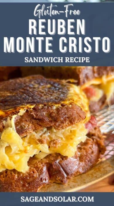 A gluten-free Reuben Monte Cristo sandwich placed on a rustic metal rack.