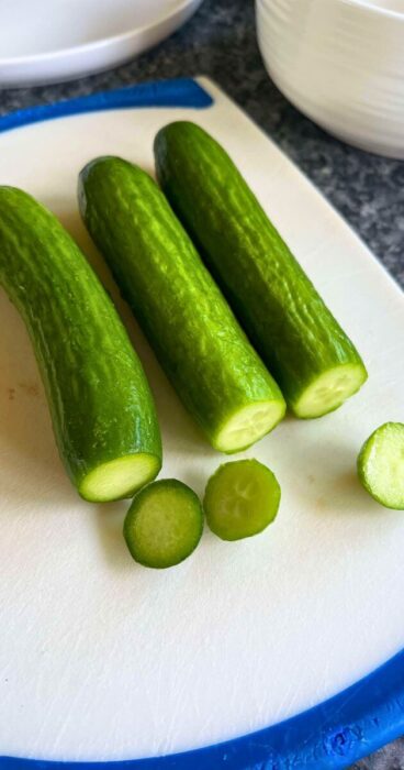 Slices of small cucumbers for a visually appealing gluten-free salad dish.