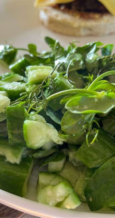 A colorful salad arrangement with smashed cucumbers and pea shoots coated in a gluten-free dill dressing.