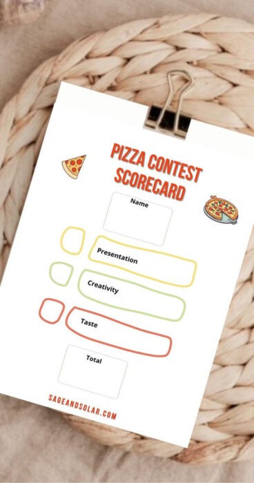 Printable pizza contest scorecard highlighting gluten-free pizza categories.