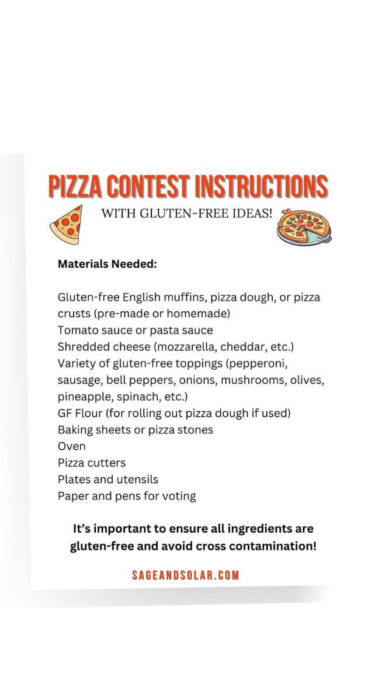 Printable template for a pizza contest with gluten-free pizza ideas and materials needed for organizers.