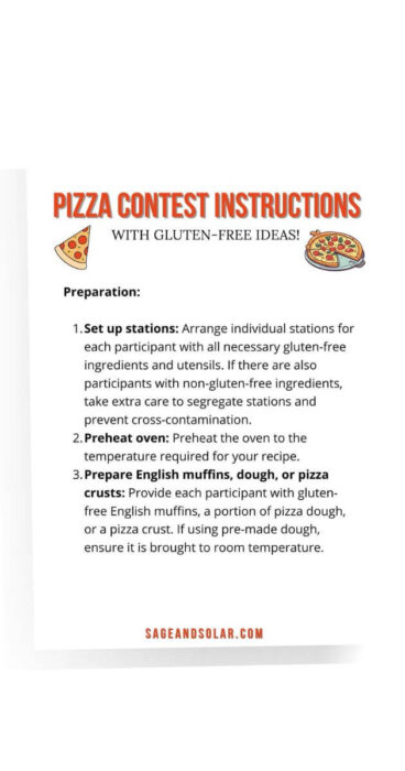 Printable preparation checklist for organizing a pizza contest, including gluten-free pizza dough recipe options.