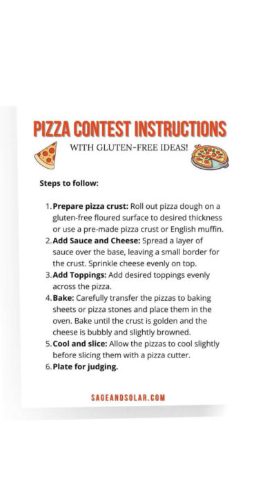 Detailed printable steps to follow for a pizza-making contest with gluten-free alternatives.