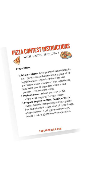 Illustrated printable preparation guide for a fun pizza contest with gluten-free pizza options.