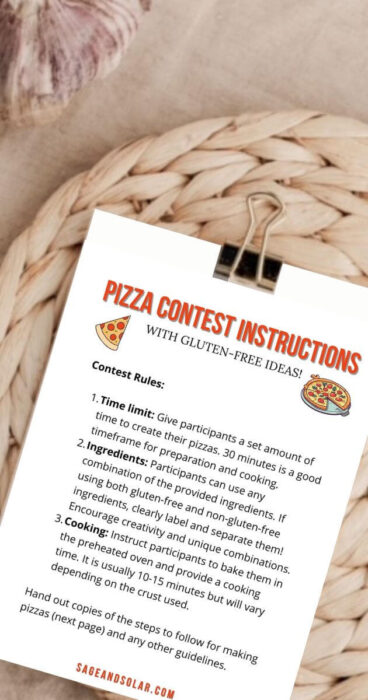 Colorful printable pizza contest rules and gluten-free pizza suggestions.