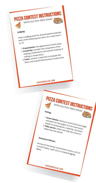 Detailed printable instructions for a pizza-making contest with gluten-free alternatives.