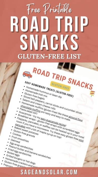 Printable PDF of a gluten-free snacks list for road trips, including images of gluten-free bars, chips, and fruits.