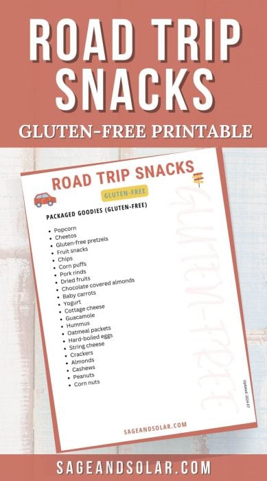 Printable PDF of a gluten-free snacks list for road trips, including packaged goodies and images of a car and sign.