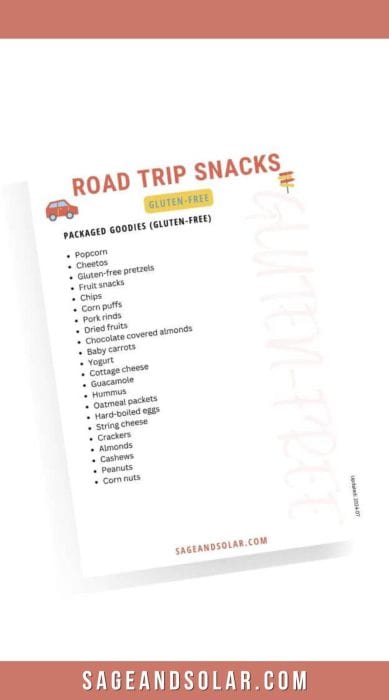 Digital preview of a free printable gluten-free road trip snacks list with a car icon and travel-themed graphics.