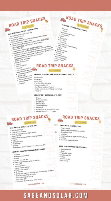 Flat lay of a printable gluten-free snacks list for road trips pages with vibrant icons 