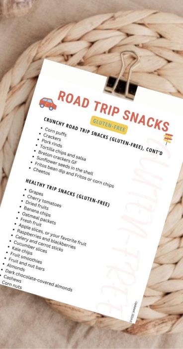 Printable gluten-free road trip snacks list with playful illustrations on a white background.