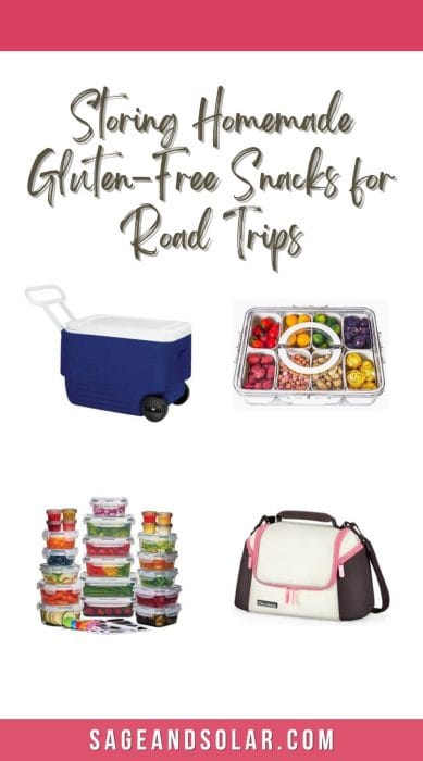 A graphic showing a cooler, airtight containers, an insulated lunch bag, and a snack tray, all designed for storing gluten-free snacks on road trips.