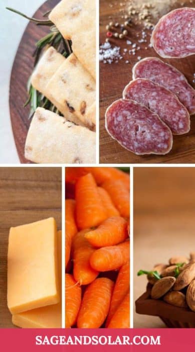 crispy crackers, sliced salami, cheese, baby carrots and almonds featured for a list of Homemade Gluten-Free Snack Ideas for Road Trips