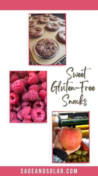 almond flour cupcakes, fresh raspberries and apples featured for sweet gluten free snack ideas for road trips