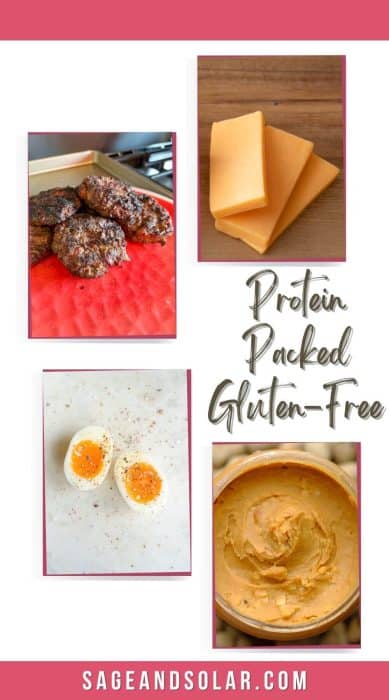 cheese, grilled burgers, boiled eggs, and peanut butter are featured for protein packed homemade gluten-free options for road trips