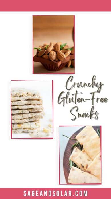 almonds, rice cakes and sourdough discard crackers are featured for homemade crunchy gluten-free snacks for road trips